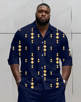 Big & Tall Men's Business Blue Geometric Print Long Sleeve Shirt Shorts Set